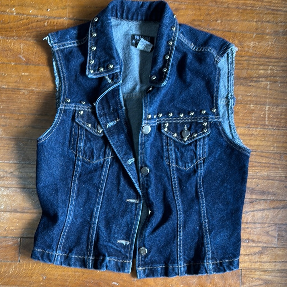 Large vintage denim vest studded punk vest